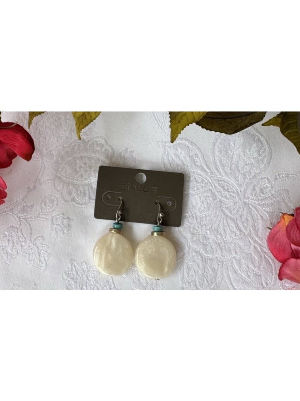 Chico's Faux Turquoise Blue Beaded Charm Dangle Earrings Mother Pearl 1 3/4" NEW